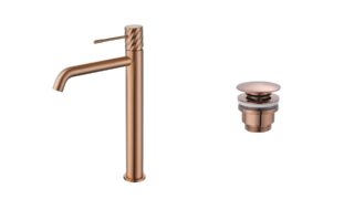 Moderne hoge wastafelkraan in geborsteld koper voor een badmeubel met waskom, geleverd als complete set inclusief bijpassende clickwaste met duurzame PVD-coating. De clickwaste is een handige pop-up afvoer die je eenvoudig opent en sluit door erop te