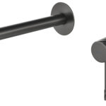Moderne muurwastafelkraan in black gun metal voor wandmontage boven een wastafel of waskom, geleverd als complete set inclusief bijpassende clickwaste met duurzame PVD-coating. De clickwaste is een handige pop-up afvoer die je eenvoudig opent en slui