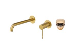 Moderne muurwastafelkraan in geborsteld goud voor wandmontage boven een wastafel of waskom, geleverd als complete set inclusief bijpassende clickwaste met duurzame PVD-coating. De clickwaste is een handige pop-up afvoer die je eenvoudig opent en slui