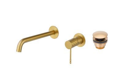 Moderne muurwastafelkraan in geborsteld goud voor wandmontage boven een wastafel of waskom, geleverd als complete set inclusief bijpassende clickwaste met duurzame PVD-coating. De clickwaste is een handige pop-up afvoer die je eenvoudig opent en slui