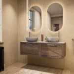 Hangend donker eiken badkamermeubel 140 cm met één lade en grijs limestone blad