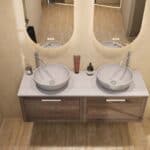 Hangend donker eiken badkamermeubel 140 cm met één lade en grijs limestone blad