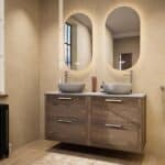 Hangend donker eiken badkamermeubel 140 cm met twee lades en grijs limestone blad