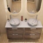 Hangend donker eiken badkamermeubel 140 cm met twee lades en grijs limestone blad