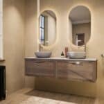 Hangend donker eiken badkamermeubel 160 cm met één lade en grijs limestone blad