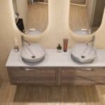 Hangend donker eiken badkamermeubel 160 cm met één lade en grijs limestone blad