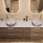 Hangend donker eiken badkamermeubel 200 cm met twee lades en grijs limestone blad
