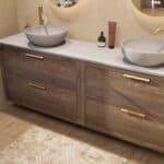 Hangend donker eiken badkamermeubel 200 cm met twee lades en grijs limestone blad