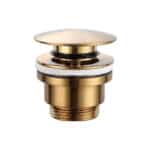 Moderne lage wastafelkraan in geborsteld goud voor een badmeubel met wastafel, geleverd als complete set inclusief bijpassende clickwaste met duurzame PVD-coating. De clickwaste is een handige pop-up afvoer die je eenvoudig opent en sluit door erop t