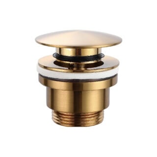Moderne lage wastafelkraan in geborsteld goud voor een badmeubel met wastafel, geleverd als complete set inclusief bijpassende clickwaste met duurzame PVD-coating. De clickwaste is een handige pop-up afvoer die je eenvoudig opent en sluit door erop t