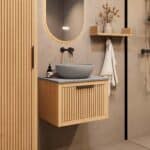 Hangend houten badkamermeubel 60 cm met één lade en grijs limestone blad met witte waskom