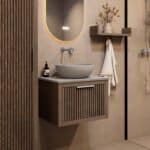 Hangend eiken badkamermeubel 60 cm met één lade en grijs limestone blad met keramische waskom