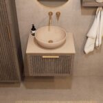 Hangend donker eiken badkamermeubel 60 cm met één lade en limestone blad met witte waskom