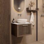Hangend eiken wastafelmeubel 60 cm met ribbelfront, solid surface blad en ronde witte opbouwwaskom