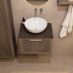 Modern hangend donker eiken badkamermeubel 60 cm met ribbelfront, één lade en granieten blad met witte waskom