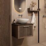 Modern hangend donker eiken badkamermeubel 60 cm met ribbelfront, één lade en granieten blad met witte waskom