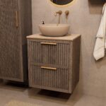 Modern donker eiken badkamermeubel 60 cm met twee lades en limestone blad met witte waskom