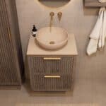 Modern donker eiken badkamermeubel 60 cm met twee lades en limestone blad met witte waskom