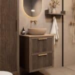 Modern donker eiken badkamermeubel 60 cm met twee lades en limestone blad met witte waskom