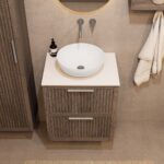 Hangend donker eiken badkamermeubel 60 cm met ribbelfront, twee lades en solid surface blad met witte waskom