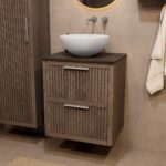 Hangend houten badkamermeubel 60 cm met ribbelfront, dubbele lade en donker granieten blad met waskom