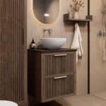 Hangend houten badkamermeubel 60 cm met ribbelfront, dubbele lade en donker granieten blad met waskom