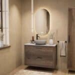 Hangend donker eiken badkamermeubel 100 cm met twee lades en grijs limestone blad