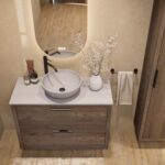 Hangend donker eiken badkamermeubel 100 cm met twee lades en grijs limestone blad