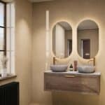 Hangend donker eiken badkamermeubel 120 cm met één lade en grijs limestone blad