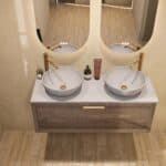 Hangend donker eiken badkamermeubel 120 cm met één lade en grijs limestone blad