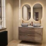 Hangend donker eiken badkamermeubel 120 cm met twee lades en grijs limestone blad