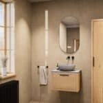 Modern naturel eiken badkamermeubel 60 cm met enkele lade, vlak front en grijs limestone blad met witte waskom