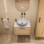Modern naturel eiken badkamermeubel 60 cm met enkele lade, vlak front en grijs limestone blad met witte waskom