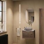 Hangend donker eiken badkamermeubel 60 cm met één lade en grijs limestone blad