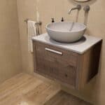 Hangend donker eiken badkamermeubel 60 cm met één lade en grijs limestone blad