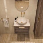 Hangend donker eiken badkamermeubel 60 cm met enkele lade en limestone blad met witte waskom