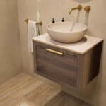 Hangend donker eiken badkamermeubel 60 cm met enkele lade en limestone blad met witte waskom