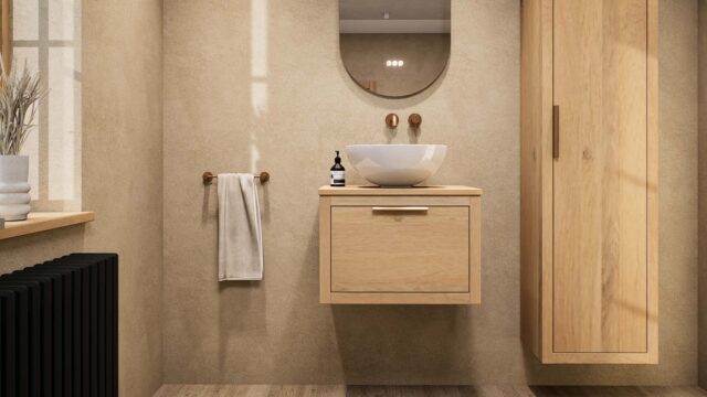 Modern naturel eiken badkamermeubel 60 cm met enkele lade, vlak front en massief eiken blad met witte waskom