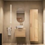 Modern naturel eiken badkamermeubel 60 cm met enkele lade, vlak front en massief eiken blad met witte waskom