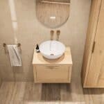 Modern naturel eiken badkamermeubel 60 cm met enkele lade, vlak front en massief eiken blad met witte waskom