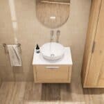 Hangend naturel eiken badkamermeubel 60 cm met één lade en witte solid surface waskom