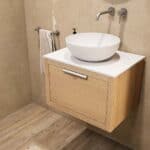 Hangend naturel eiken badkamermeubel 60 cm met één lade en witte solid surface waskom
