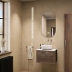 Hangend donker eiken wastafelmeubel 60 cm met enkele lade en solid surface blad met waskom