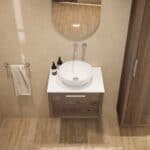 Hangend donker eiken wastafelmeubel 60 cm met enkele lade en solid surface blad met waskom