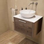 Hangend donker eiken wastafelmeubel 60 cm met enkele lade en solid surface blad met waskom