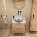 Modern naturel eiken badkamermeubel 60 cm met dubbele lade, vlak front en grijs limestone blad met witte waskom