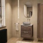 Hangend donker eiken badkamermeubel 60 cm met twee lades en grijs limestone blad