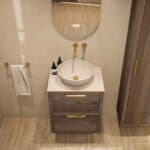 Hangend donker eiken badkamermeubel 60 cm met dubbele lade en limestone blad met witte waskom