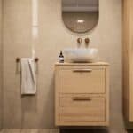 Modern naturel eiken badkamermeubel 60 cm met dubbele lade, vlak front en massief eiken blad met witte waskom