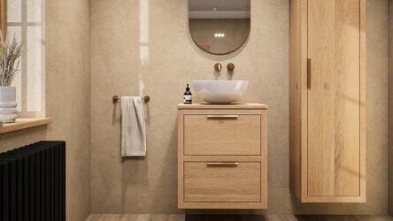 Modern naturel eiken badkamermeubel 60 cm met dubbele lade, vlak front en massief eiken blad met witte waskom